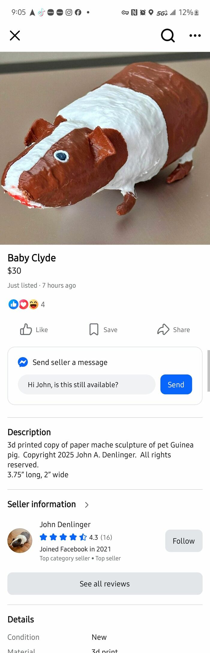 3d printed paper mache sculpture of pet guinea pig with amateur DIY craft appearance for craft shaming projects