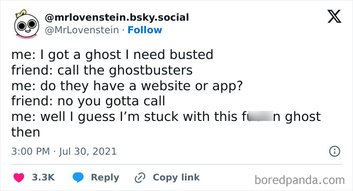 Tweet showing a humorous conversation about needing help with a ghost, reflecting neurodivergence memes and humor online.