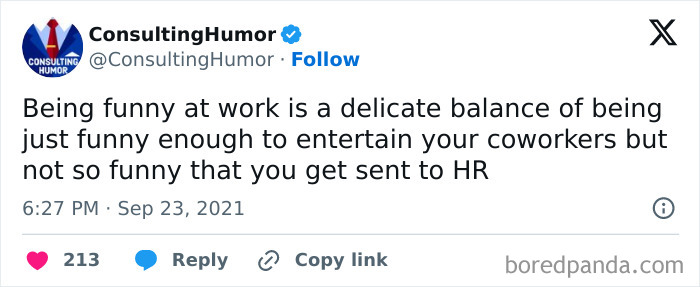 Tweet from ConsultingHumor about balancing humor at work to entertain coworkers without getting sent to HR, featuring a work meme.