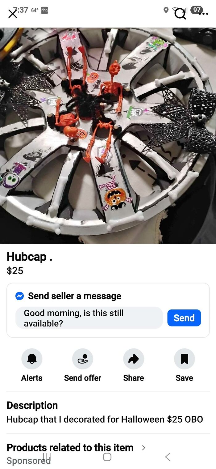 Halloween-themed DIY decorated hubcap with skeletons, spiders, and spiderwebs, showcasing craft shaming projects.