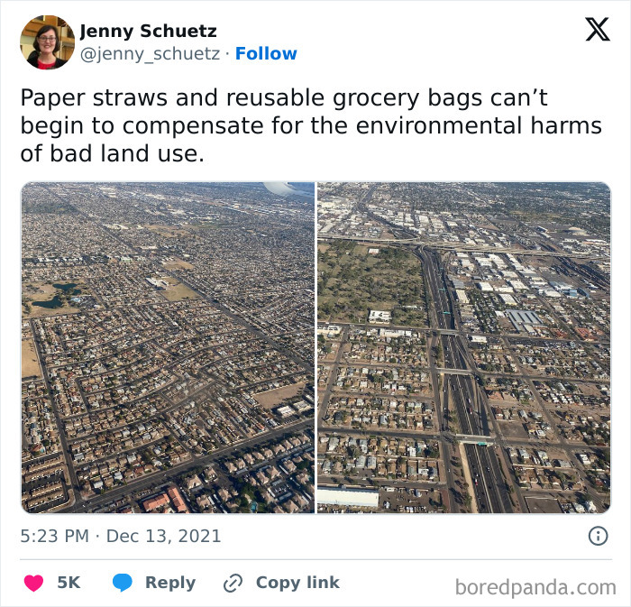 A social media post criticizing bad land use with aerial views highlighting affordable housing issues in the US.