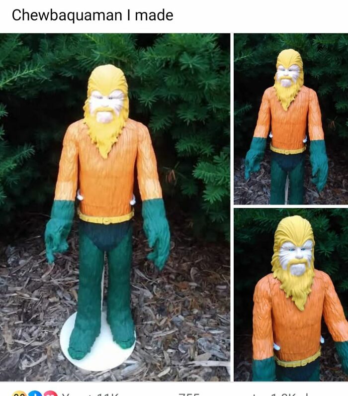 DIY craft shaming example showing a homemade Chewbacquaman figure with orange and green colors outdoors.