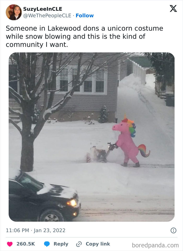Person in a pink unicorn costume using a snow blower in a snowy neighborhood, showcasing ingenious crafty ideas community spirit.