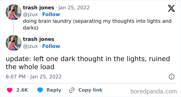Tweet showing humorous take on brain laundry, illustrating neurodivergence with light and dark thoughts concept.