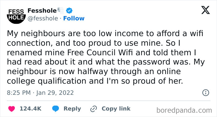 Tweet showing a wholesome kind neighbors story about sharing free WiFi to help with online education.
