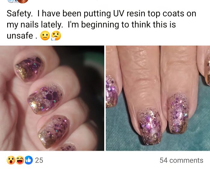 Close-up of nails with glittery UV resin top coats showing possible damage, illustrating horrendous DIY craft shaming projects.
