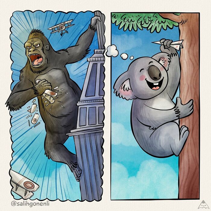 Cartoon animal comics showing a giant gorilla on a tower and a happy koala with a paper airplane in a tree.