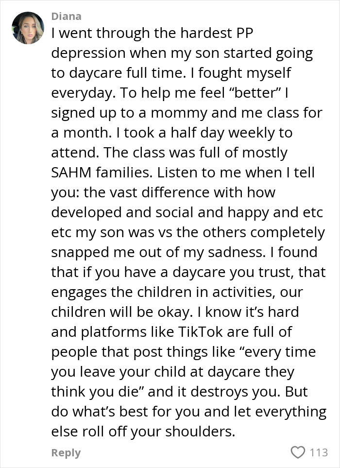 Comment from a mom sharing her struggle with postpartum depression and missing her son growing up while balancing daycare and work.