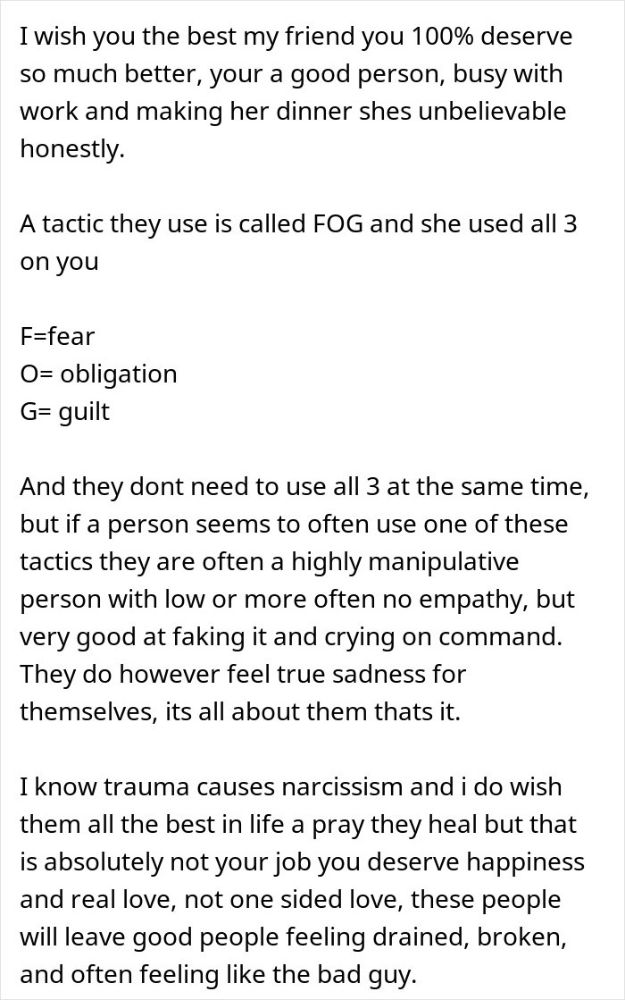 Text message explaining manipulative tactics involving fear, obligation, and guilt in relationships after woman throws away boyfriend&rsquo;s dinner.