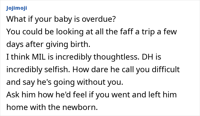 Text post discussing a husband choosing to go on a postpartum trip with their 2-year-old after wife refuses.