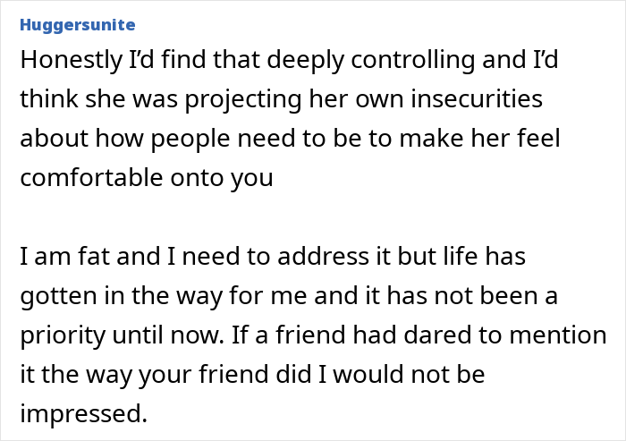 Comment discussing a woman seeing a good friend after years and addressing weight loss advice with mixed feelings.