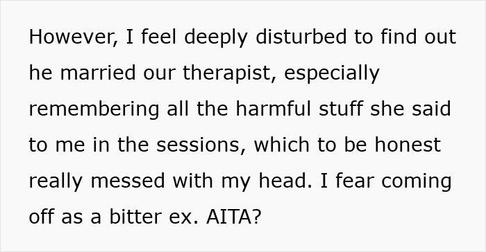 Text excerpt from a couple's therapy session revealing emotional distress after the therapist marries the client's partner.