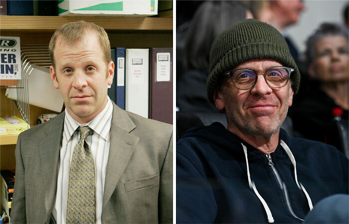 Split image showing The Office cast member in character on left in a suit and years later wearing casual clothes and a beanie.