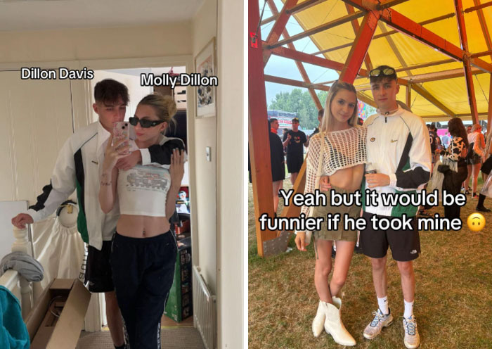 Couple sharing humorous moments with the married surname trend causing laughter on social media posts.