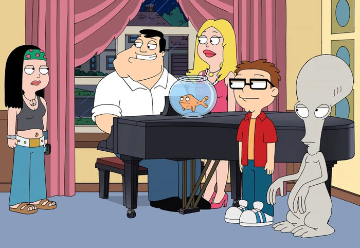 Animated family flexes their unique characters and style around a piano in a colorful living room setting.