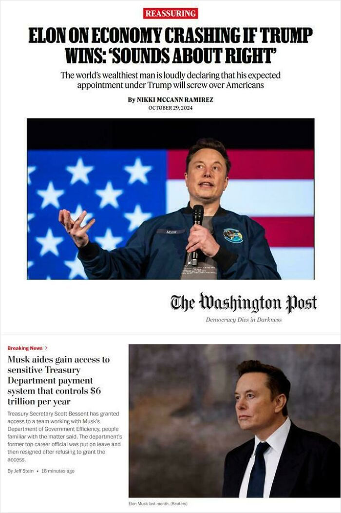 Elon Musk speaking about economy crash risk with US flag backdrop, illustrating modern life and boring dystopia themes.