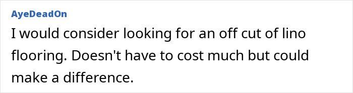 Woman explaining DIY kitchen makeover ideas, suggesting affordable lino flooring to improve the space.