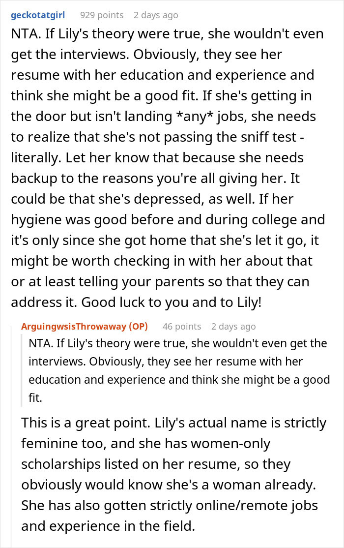 Screenshot of a Reddit discussion about a woman blaming sexism for not landing a job and facing a reality check.