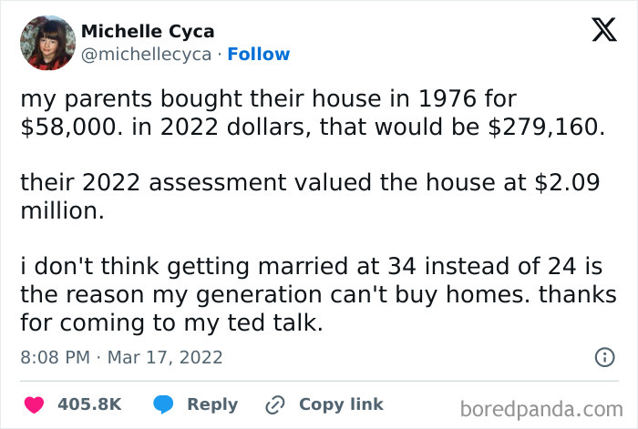 Tweet highlighting the rise in housing prices and the lack of affordable housing in the US impacting home ownership.