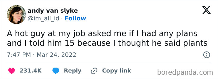 Tweet from Andy van Slyke humorously describing a misunderstanding involving plans versus plants, illustrating neurodivergence humor.