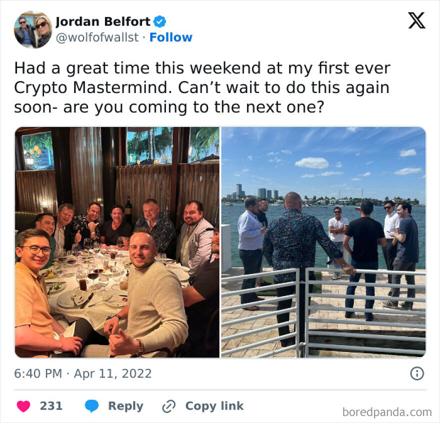 Jordan Belfort with a group at a dinner table and outdoors near water, illustrating his financial reality in 2025.
