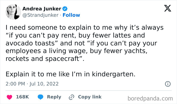 Screenshot of a tweet criticizing modern life economic advice, highlighting themes of boring dystopia and social inequality.