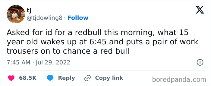 Tweet about a 15-year-old wearing work trousers early morning to buy a Red Bull, illustrating chaotic British memes.