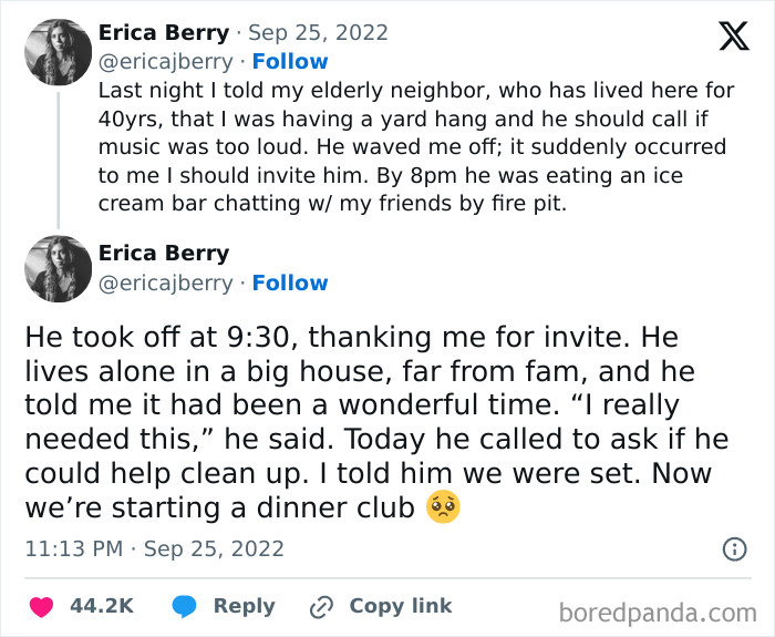 Tweet sharing a heartwarming story of kindness and connection, perfect for those tired of bad news and seeking positivity.