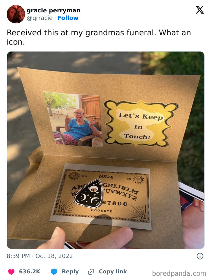 A crafty funeral card with a photo and a Ouija board design, showcasing ingenious crafty ideas shared on IG.