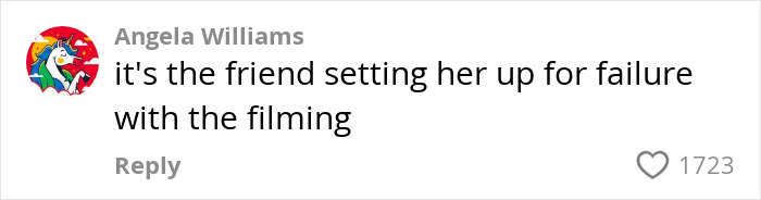 Comment from Angela Williams discussing filming and friend setting someone up for failure with 1723 likes.