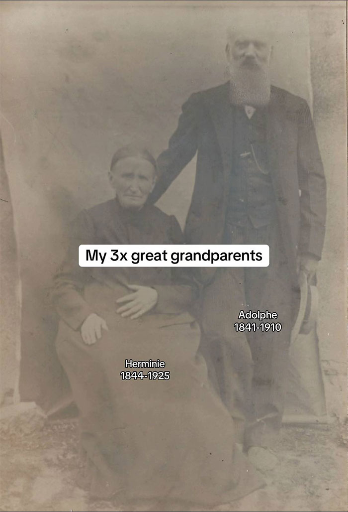 Vintage photo of family historian's 3x great grandparents Adolphe and Herminie, inspiring others to share family trees online.