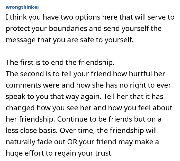 Comment discussing how to handle a friend telling someone to lose weight after many years apart.