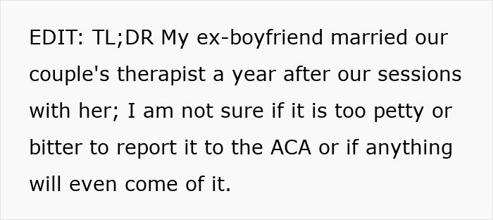 Text describing a report about a couple's therapist harming a woman's mental health before marrying her ex-boyfriend.