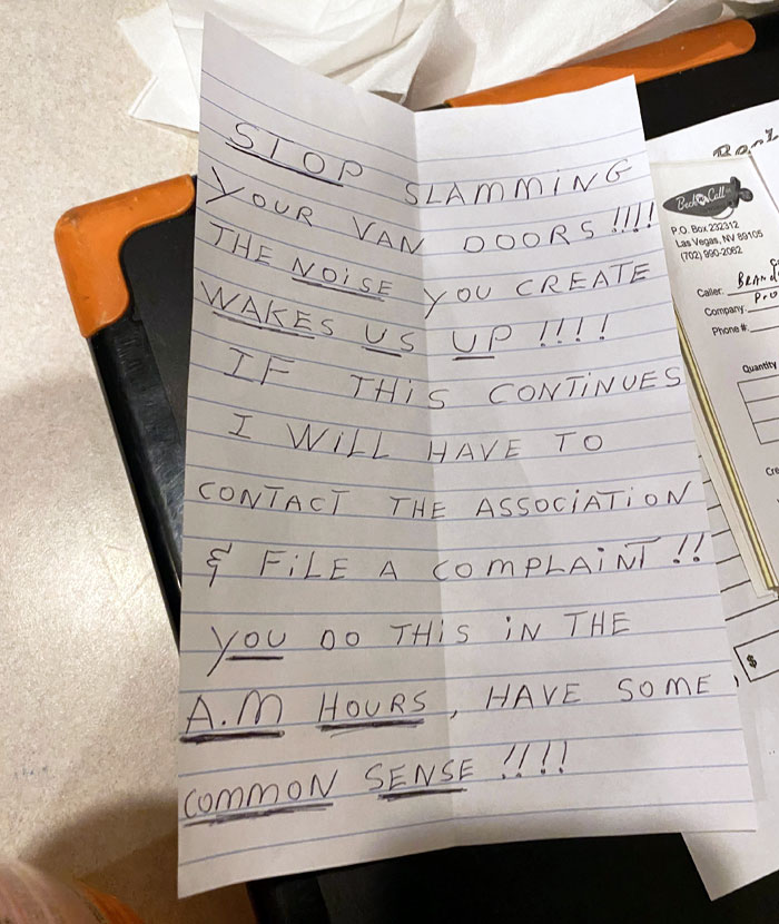Handwritten neighbor note complaining about van door slamming noise during early hours in unhinged neighbors’ notes collection.