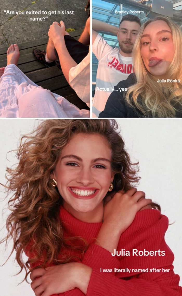 Couple sitting outdoors and humorous married surname posts featuring people named Roberts and Rönkä with smiles and selfies.