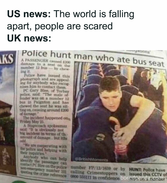 Newspaper clipping shows man eating bus seat, a chaotic British meme highlighting quirky UK news humor and culture.