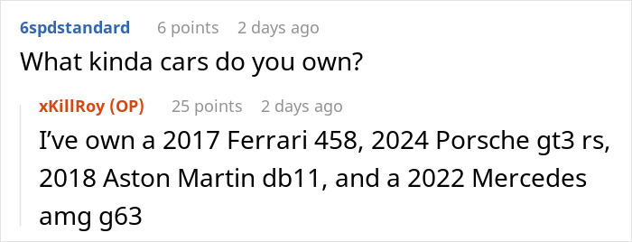 Screenshot of an online forum discussion where a paid companion lists luxury cars owned by wealthy married women.