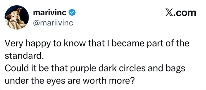 Screenshot of a social media post discussing the tired girl beauty trend with dark circles and bags under the eyes.