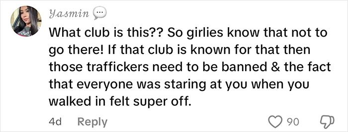 Comment warning about traffickers at a club, urging women to stay cautious while on vacation. Comment warning about traffickers at a club, urging women to stay cautious while on vacation.