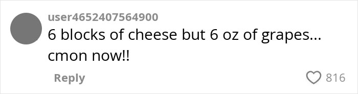 Comment discussing cheese and grapes portion sizes in an American family grocery haul conversation.