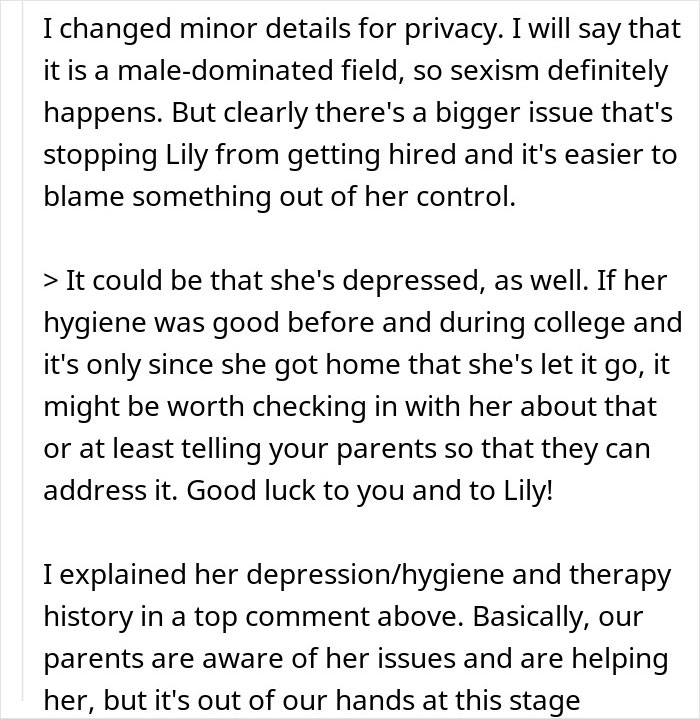 Text excerpt discussing sexism in a male-dominated field and the impact of depression on job prospects.