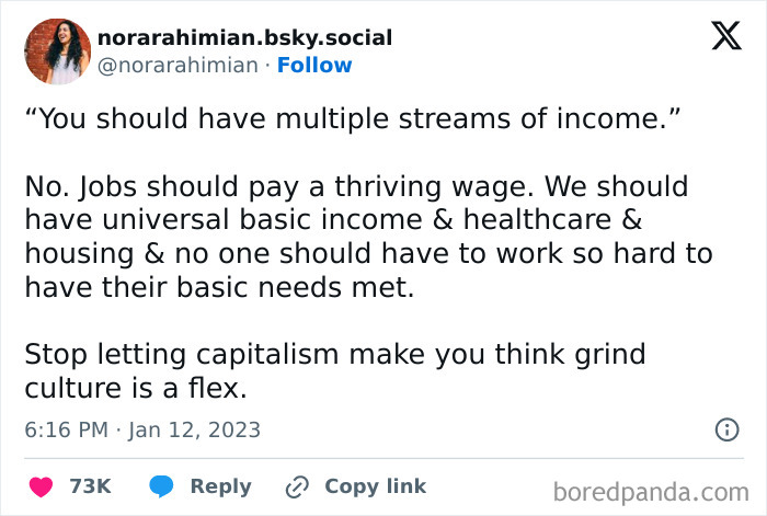 Screenshot of a social media post discussing income struggles and grind culture in modern life dystopia.