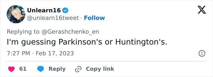 Tweet discussing Putin&rsquo;s twitching leg and speculating about Parkinson&rsquo;s or Huntington&rsquo;s in the context of exoskeleton rumors.
