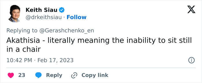 Tweet by Keith Siau explaining akathisia as inability to sit still linked to Putin&rsquo;s twitching leg and exoskeleton rumors.