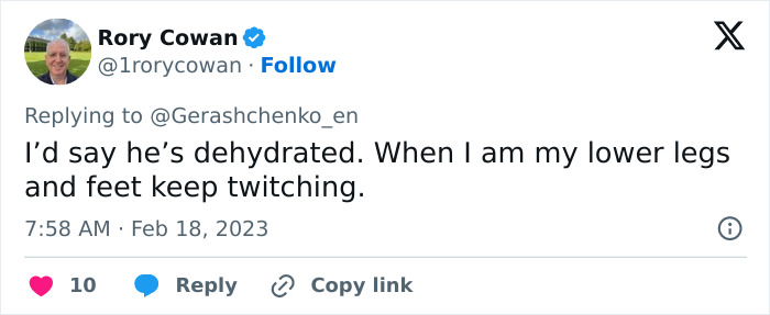 Rory Cowan replies to leg twitching speculation, suggesting dehydration as cause amid Putin&rsquo;s Alaska meeting rumors.