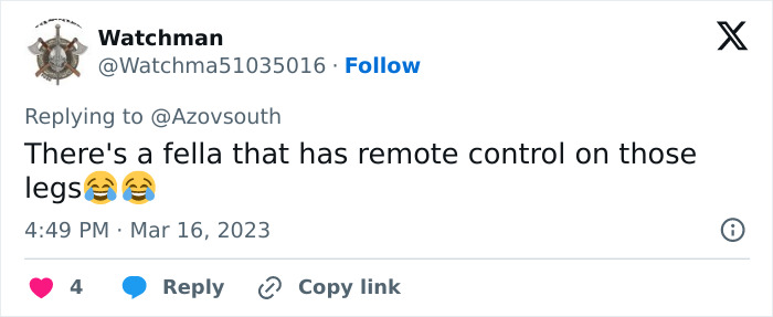 Tweet mentioning remote control on legs, referencing Putin&rsquo;s twitching leg and exoskeleton rumors during Alaska meeting.