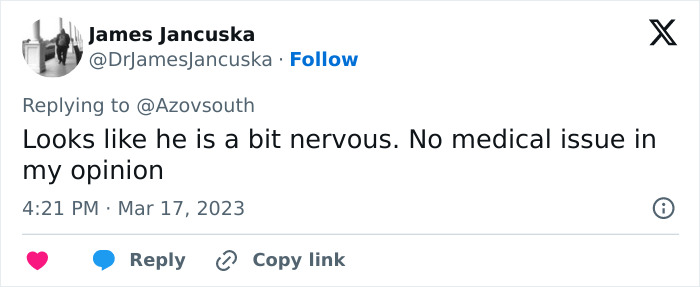 Tweet from James Jancuska discussing Putin&rsquo;s twitching leg during Alaska meeting with Trump, fueling exoskeleton rumors.