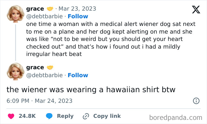 Twitter thread about a heartwarming story involving a medical alert dog and discovering an irregular heartbeat.