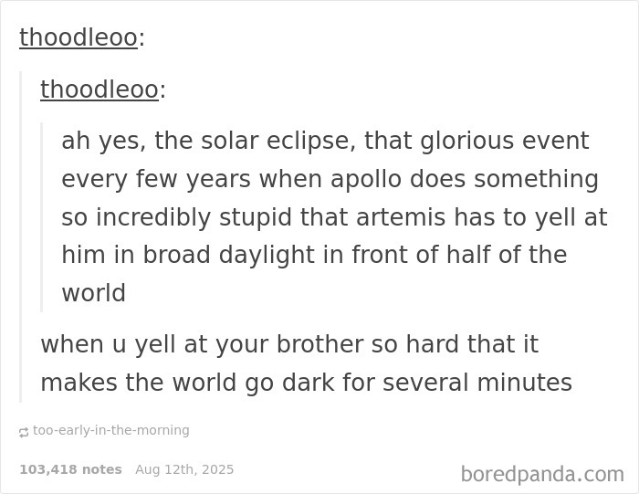 Text meme discussing a chaotic solar eclipse event involving Apollo and Artemis in mythology-themed memes.