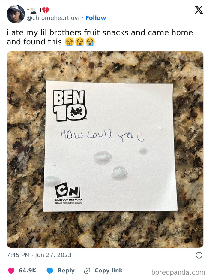 Handwritten note on Ben 10 paper saying how could you, part of entertaining posts and memes to fight boredom.